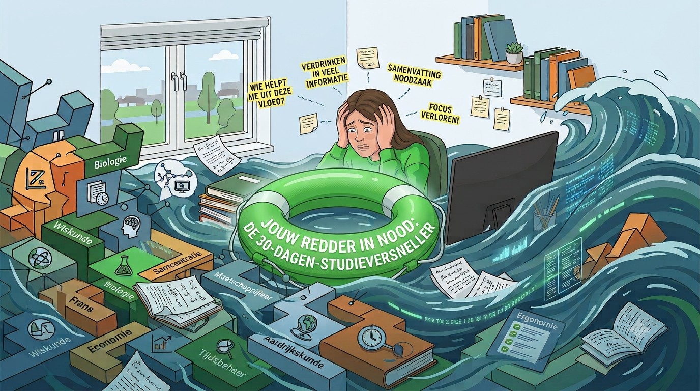 Dramatische illustratie van een studente die letterlijk verdrinkt in een kolkende zee van informatie, boeken en datastromen, worstelend om boven te blijven.