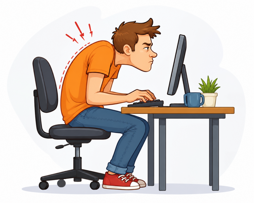 Illustratie van een man met een slechte werkhouding en rugklachten achter een computer