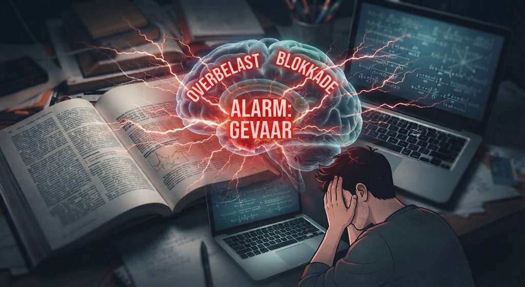 "Visuele metafoor van een student aan een bureau die wordt overspoeld door informatie, waarbij het brein oplicht als een rood stormcentrum met de termen 'Alarmgevaar', 'Overbelast' en 'Blokkade'."