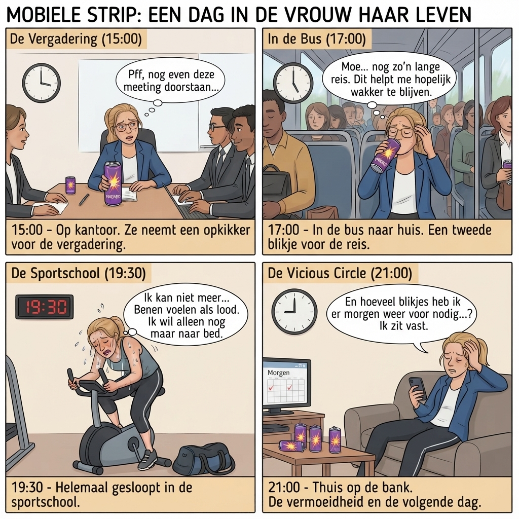 Stripverhaal over de impact van energydrinks op een dag: van een vermoeide kantoorvergadering en de busreis tot de sportschool en de bank 's avonds.