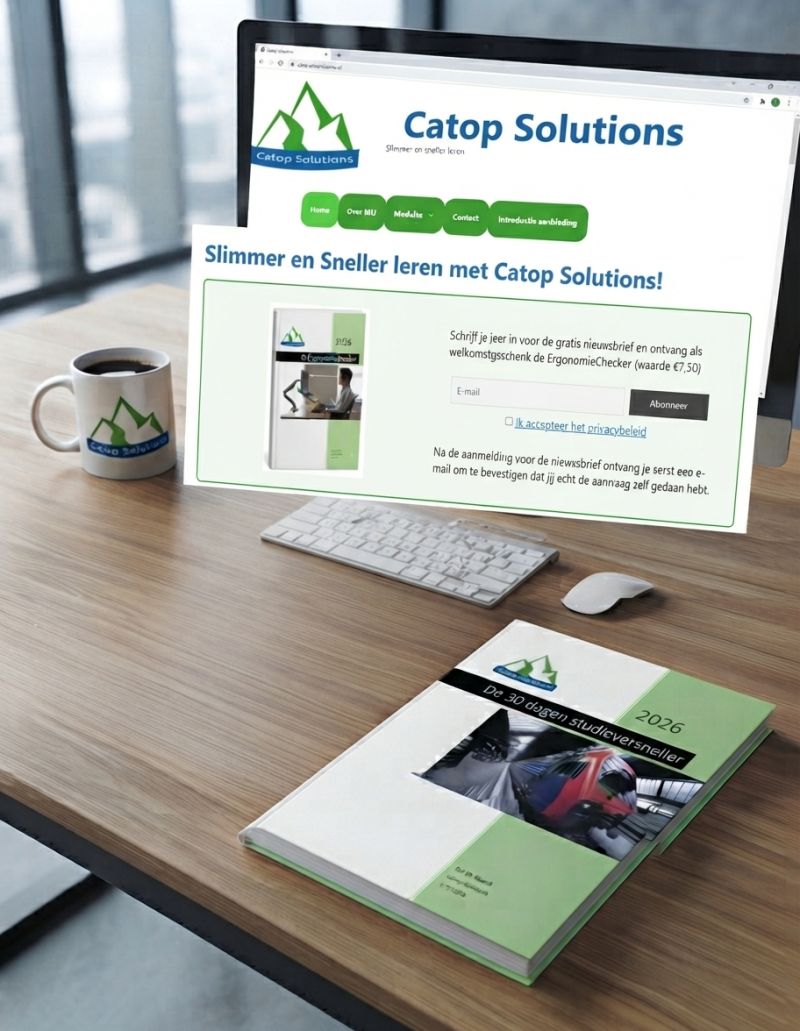 Een bureau met een laptop en beeldscherm waarop de website van Catop Solutions te zien is, inclusief een mok en een fysiek exemplaar van het e-boek "De 30 dagen studieversneller".