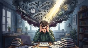 Student aan een overvol bureau met studiestress en zorgen over examens, deadlines en faalangst, illustratie bij het spreekwoord 'er geen gat in zien' - Catop Solutions.