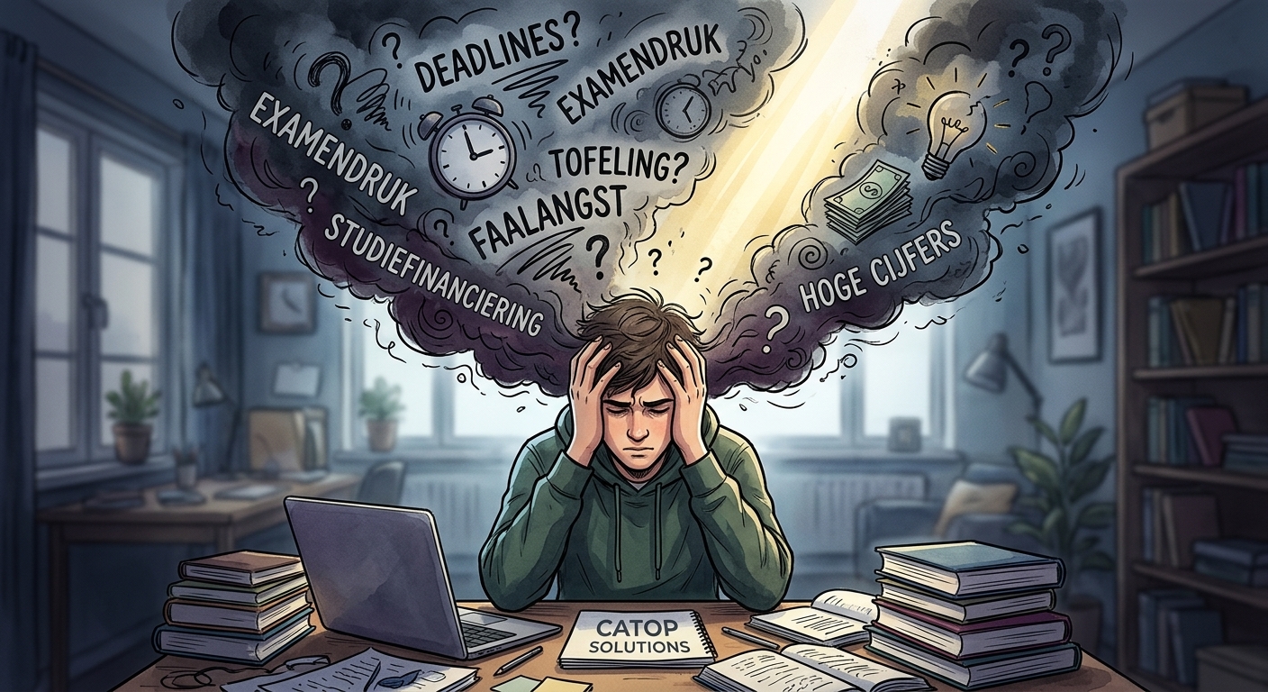 Student aan een overvol bureau met studiestress en zorgen over examens, deadlines en faalangst, illustratie bij het spreekwoord 'er geen gat in zien' - Catop Solutions.