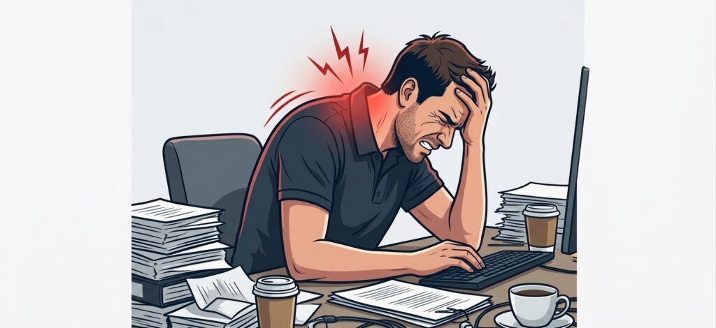 Afbeelding van een man achter een beeldscherm die een foute houding heeft. Geen ergonomie toegepast
